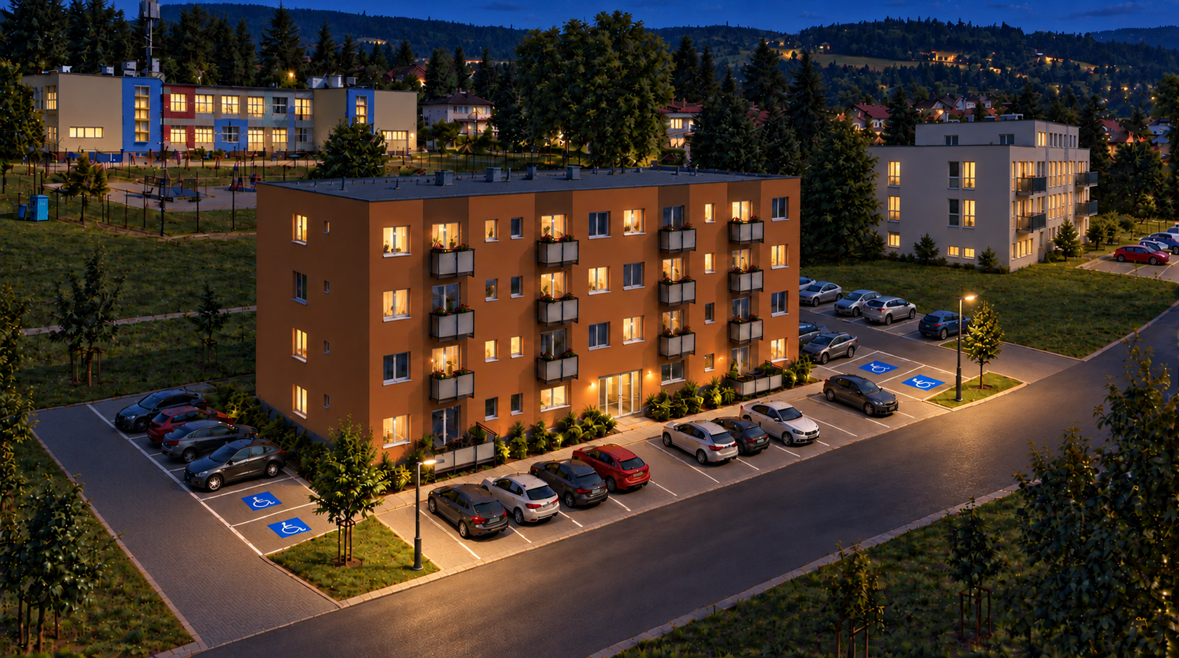 Večerná architektonická vizualizácia projektu Cérová
